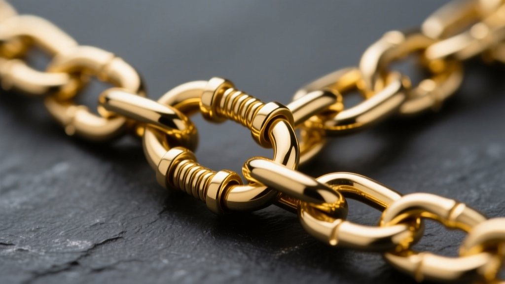 Macro shot of 1.5mm 14k yellow gold rolo chain links, highlighting secure lobster clasp mechanism against dark slate background.