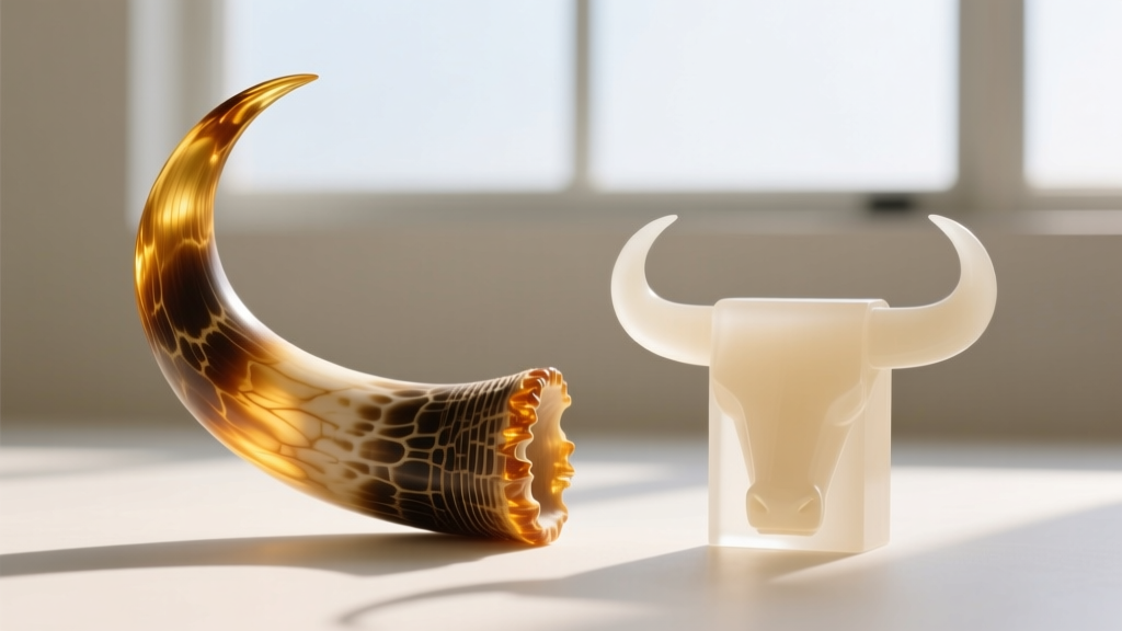Macro photo showing natural striations and translucent amber edges of genuine buffalo horn next to opaque faux resin.