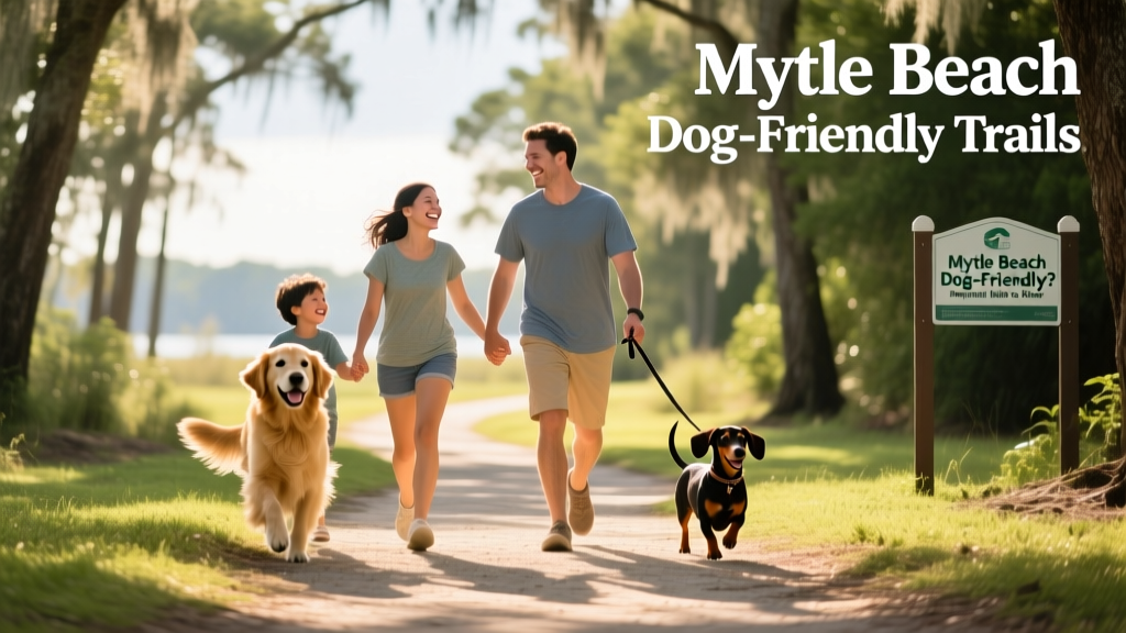 A family smiling as their two dogs trot alongside them on a tree-lined path near a Myrtle Beach nature preserve