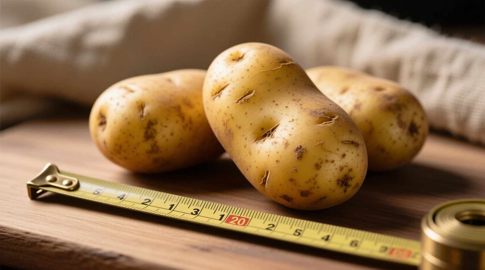 Yukon Gold potatoes with skin on next to measuring tape