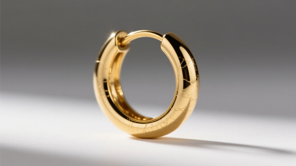 Close-up of a single 14k gold hoop in a man's left ear, soft studio lighting, sharp focus on polished metal and warm skin tone