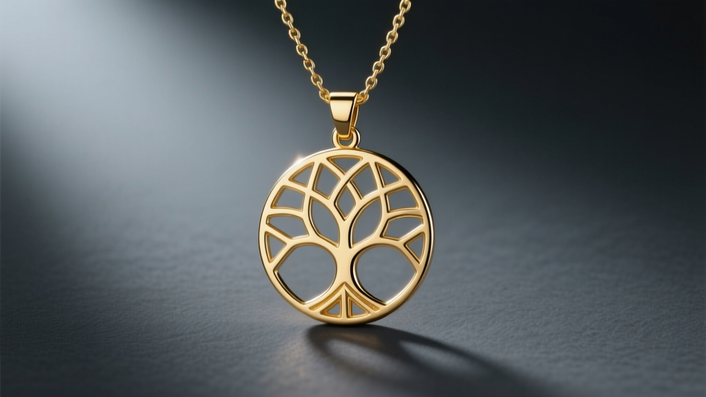 Minimalist 14k gold necklace tree of life pendant with geometric branches on dark slate under soft directional lighting.