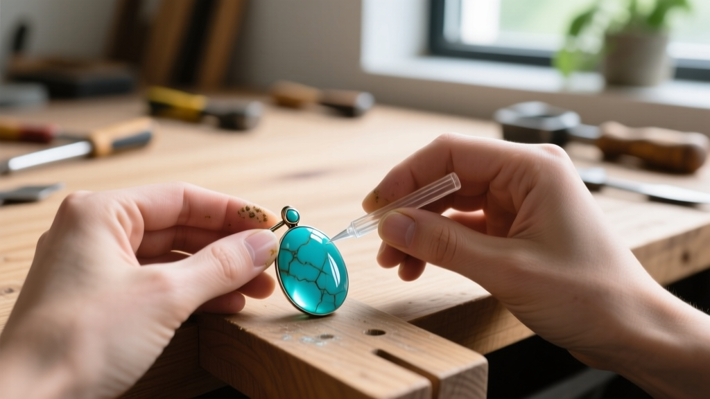 Close-up of hands applying epoxy to attach a glue-on bail to a polished turquoise cabochon resting on a wooden work bench