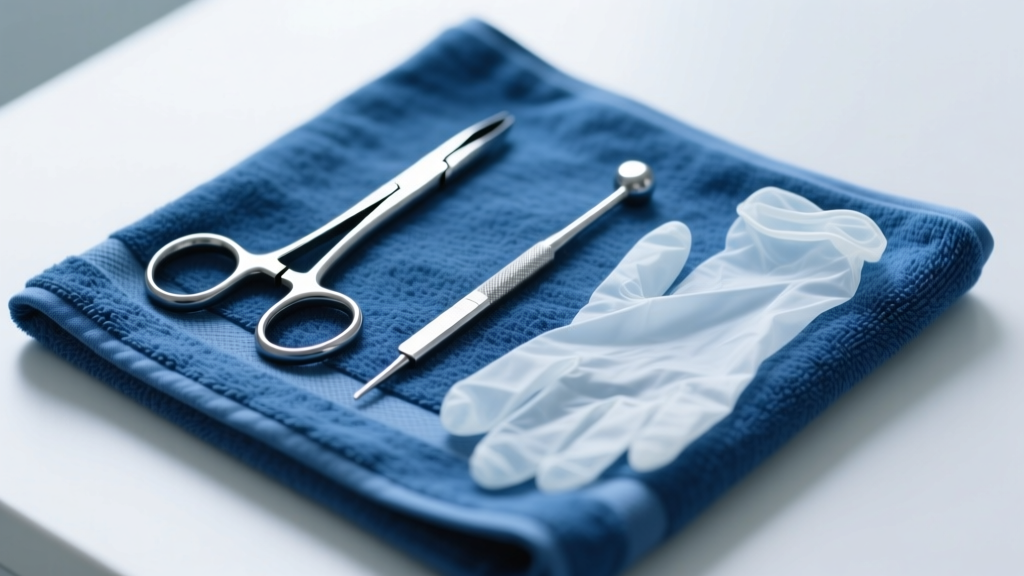 Padded hemostats, steel insertion tapers, and nitrile gloves resting on a sterile blue towel under bright, even studio lighting.