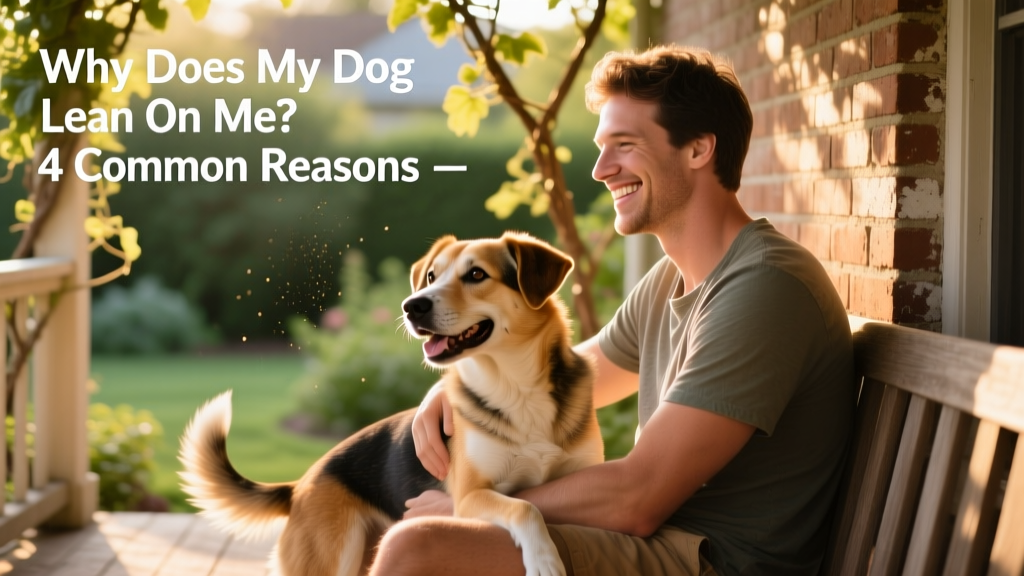 A happy mixed-breed dog leaning sideways against its owner’s arm while both sit on a sunlit porch