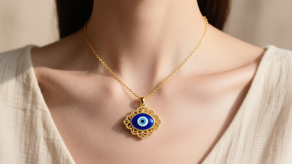 Delicate 14k gold evil eye charm necklace with cobalt blue enamel center resting on collarbone against a neutral linen top