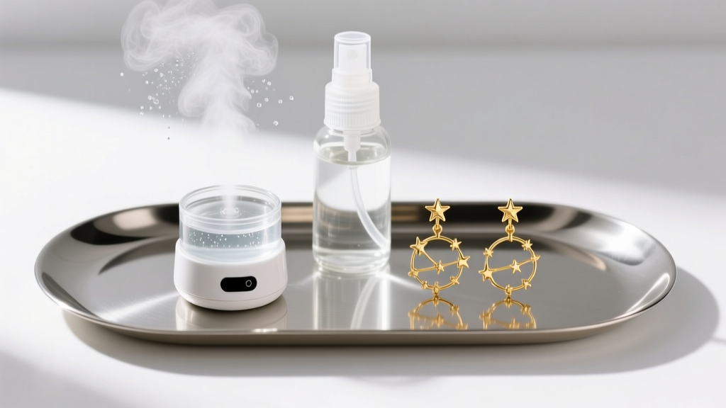 Metal tray holding an ultrasonic cleaner, saline spray, and 14k gold constellation earrings under bright clinical lighting