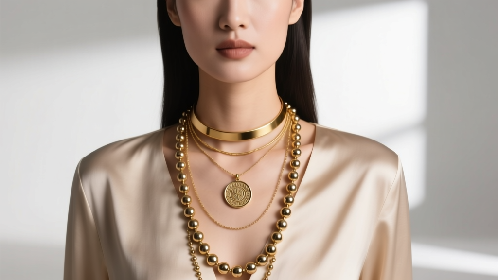 Woman wearing a layered necklace stack with a 16-inch gold choker, a 20-inch coin pendant, and a 30-inch fashion rosary necklace.