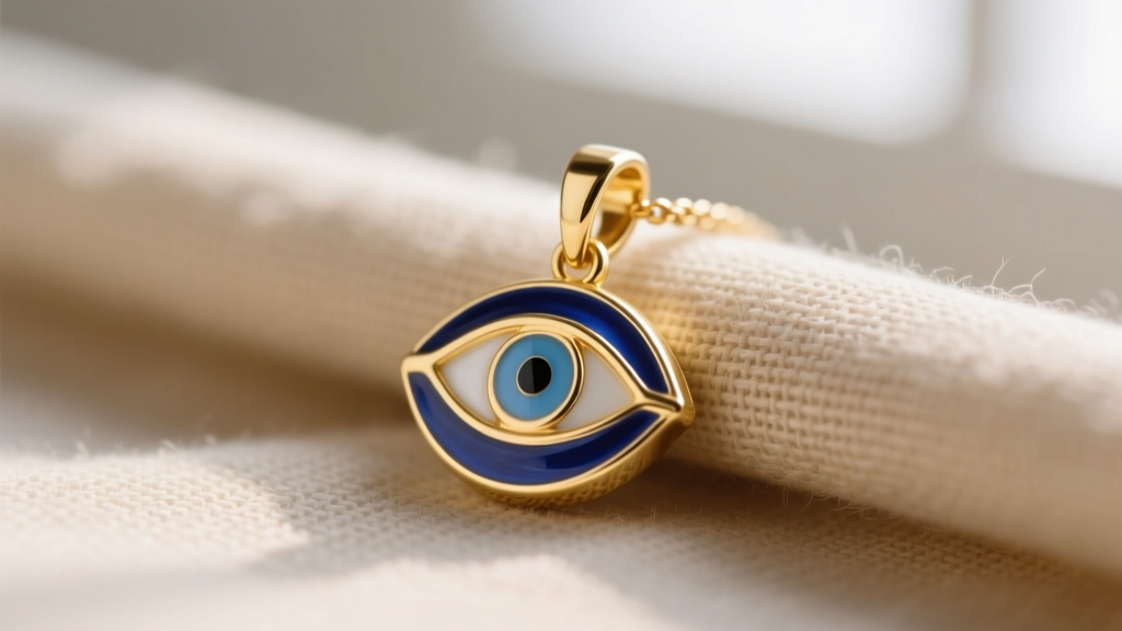 Close-up of a 14k gold evil eye symbol necklace on beige linen, soft window light highlighting the blue enamel details.