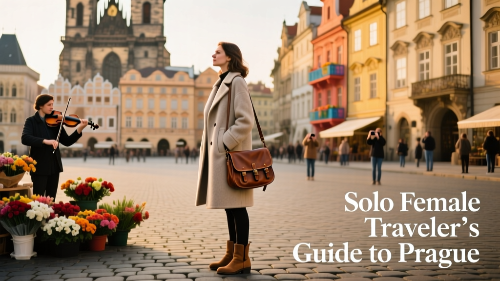 A solo female traveler standing in Prague’s Old Town Square, surrounded by colorful historic buildings and lively street life