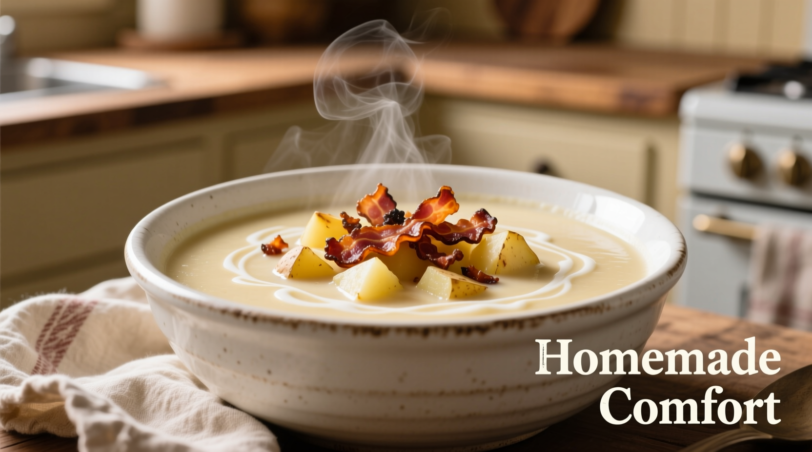 Creamy baked potato soup in white bowl with bacon garnish