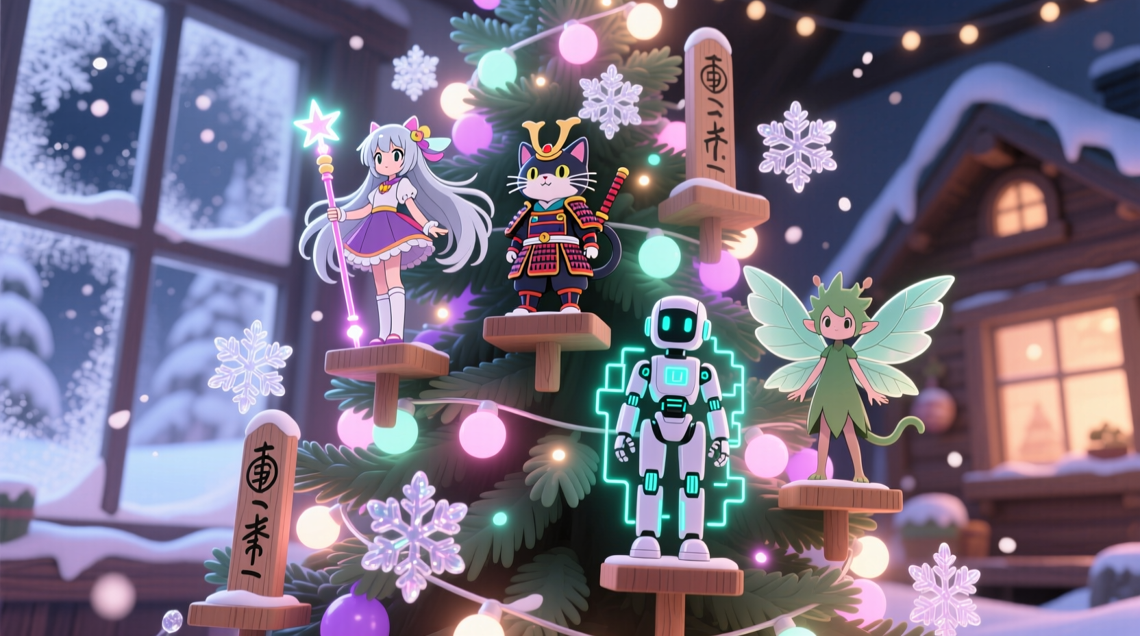 how to integrate anime character figures into a themed christmas tree display