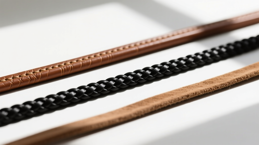 Three distinct leather cords laid flat: a 2mm smooth full-grain brown, a 4mm braided black, and a flat 5mm suede, showing textures.