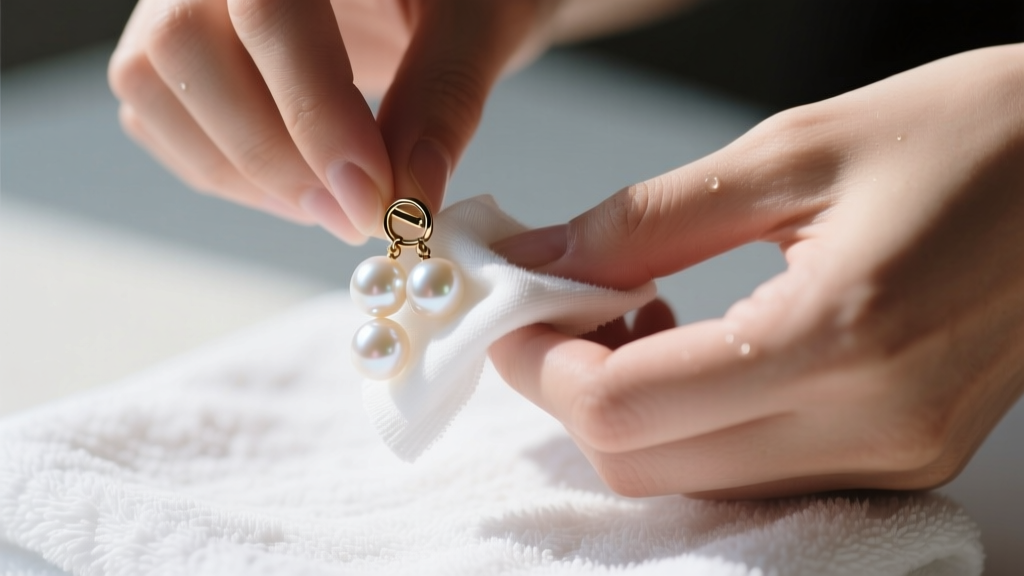 Hands gently wiping a cluster pearl earring with a damp microfiber cloth, avoiding the metal backing, on a clean white towel