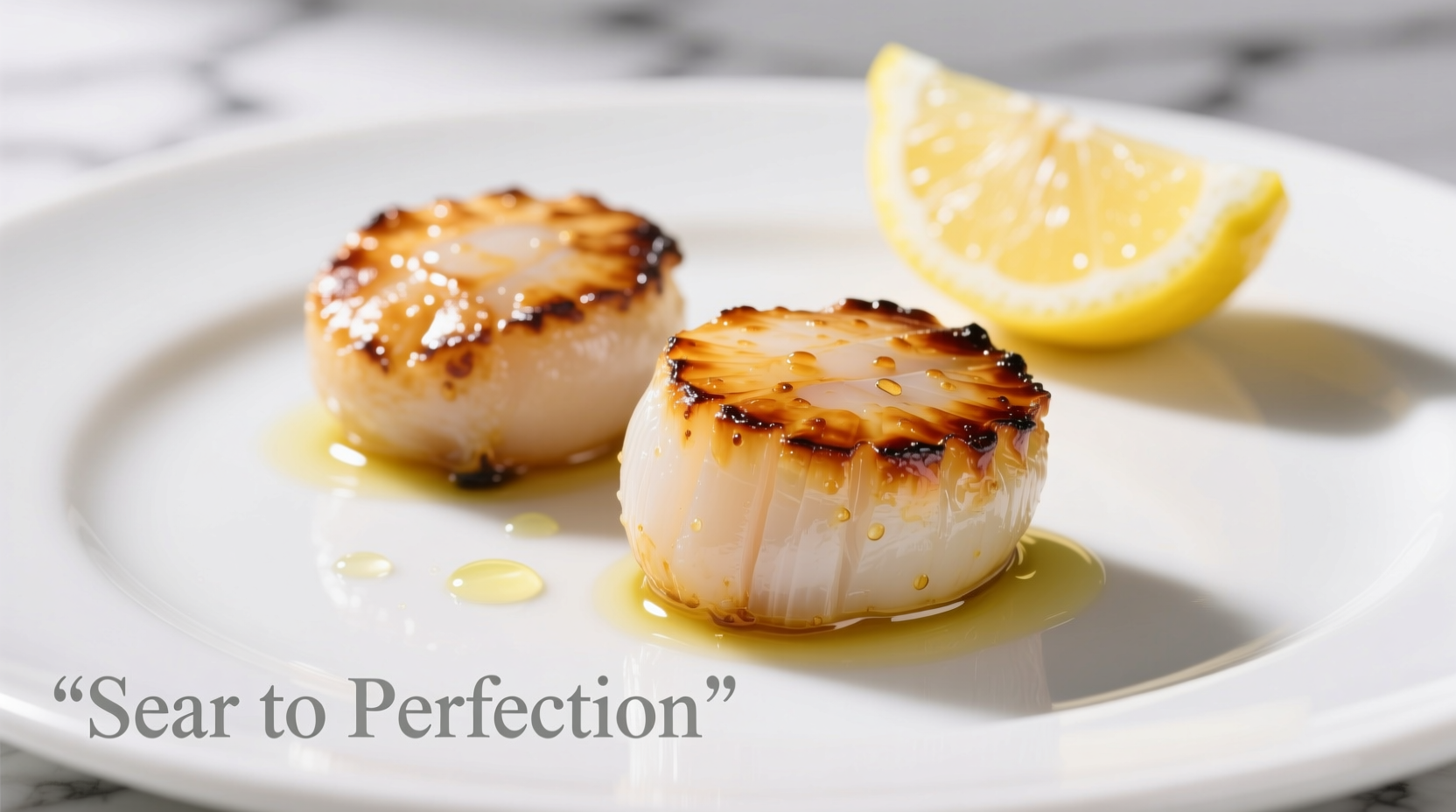Perfectly seared scallops with lemon wedge