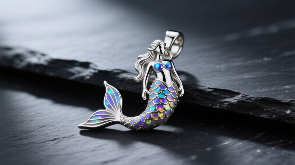 Macro shot of a silver mermaid pendant with iridescent opal scales, resting on dark slate under soft, diffused studio lighting