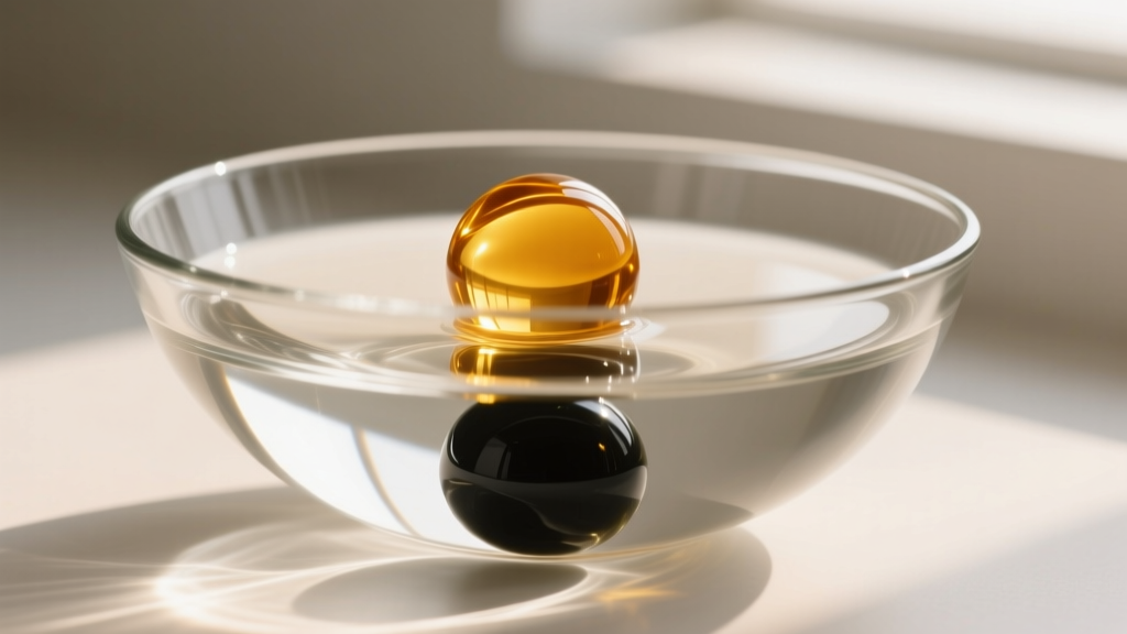 Glass bowl of saturated saltwater showing a genuine honey-colored amber bead floating while a dark glass bead sinks to the bottom.