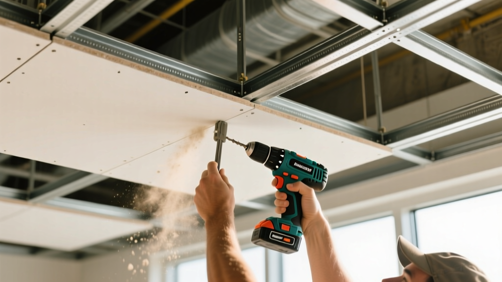 Commercial suspended ceiling grid with 5/8-inch Type X gypsum boards being screwed into metal furring channels by a contractor