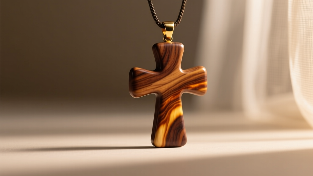 Walnut wood cross pendant treated with tung oil, revealing rich color enhancement of the natural grain under warm studio lighting.