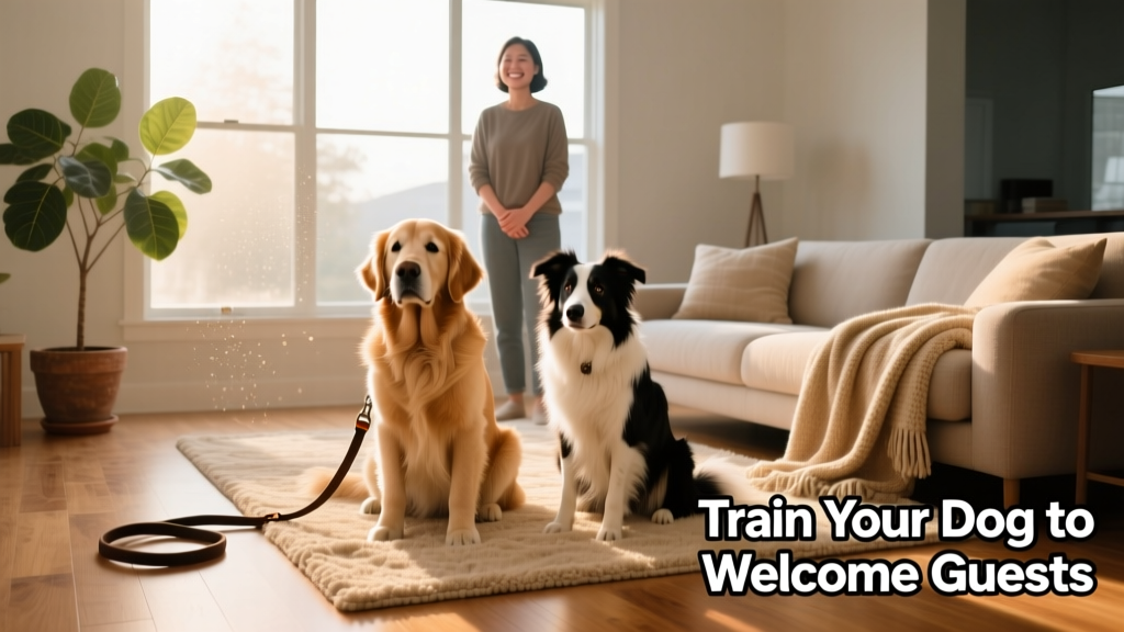 Two dogs sitting calmly side-by-side in a sunlit living room, leashes loosely resting on the floor, owner nearby watching quietly