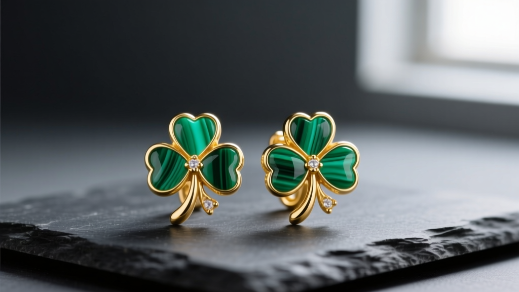 Close-up of 18k yellow gold Vintage Alhambra earrings with vibrant green malachite clover motifs resting on a dark slate surface.