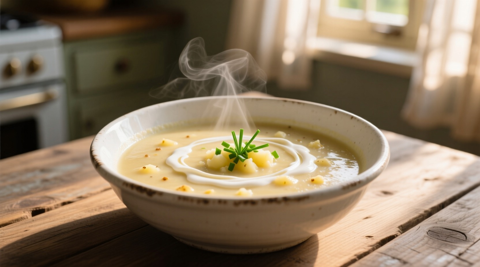 Creamy slow cooker potato soup in white bowl