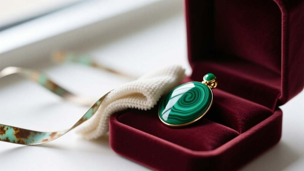 Microfiber cloth wiping a polished malachite pendant, with a velvet box and tarnish strips in the softly blurred background.