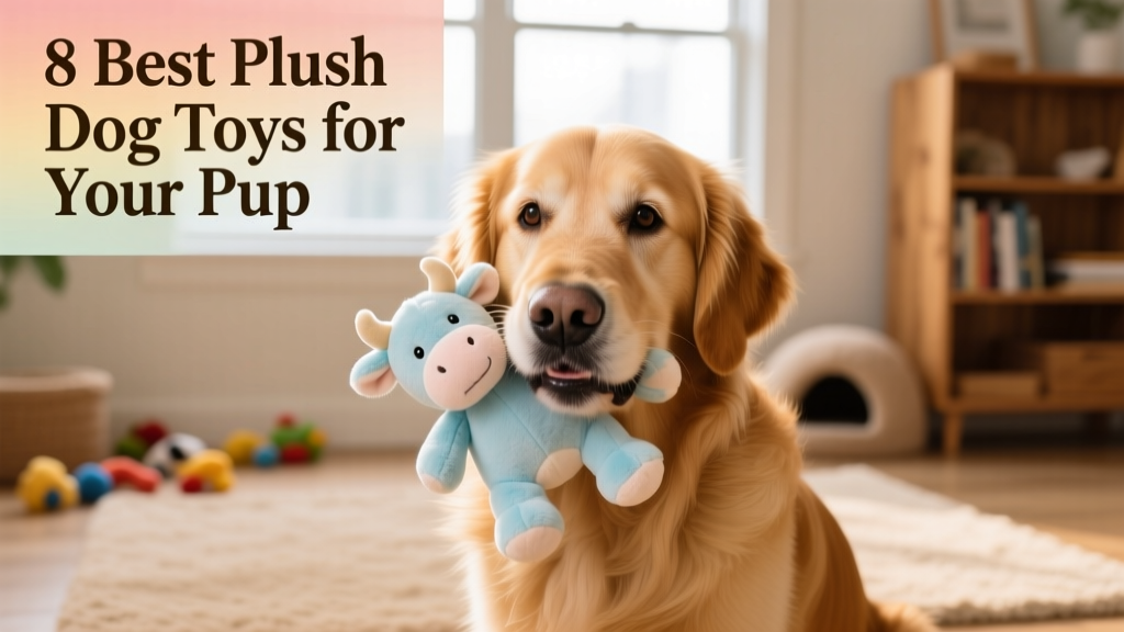 A golden retriever gently holding a soft plush cow toy in its mouth
