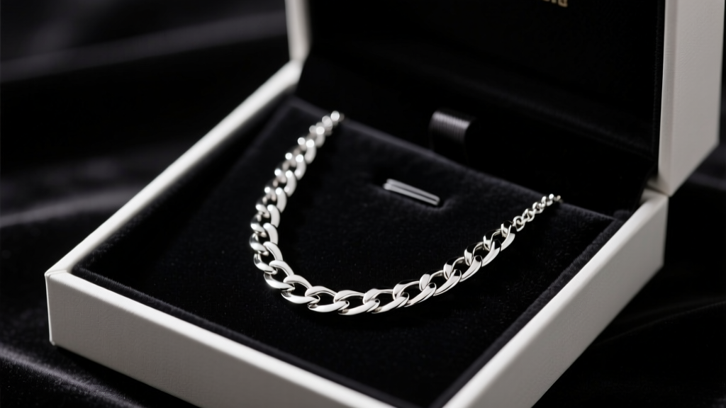Open gift box revealing a polished 316L stainless steel chain necklace on dark velvet, soft studio lighting highlighting the metal