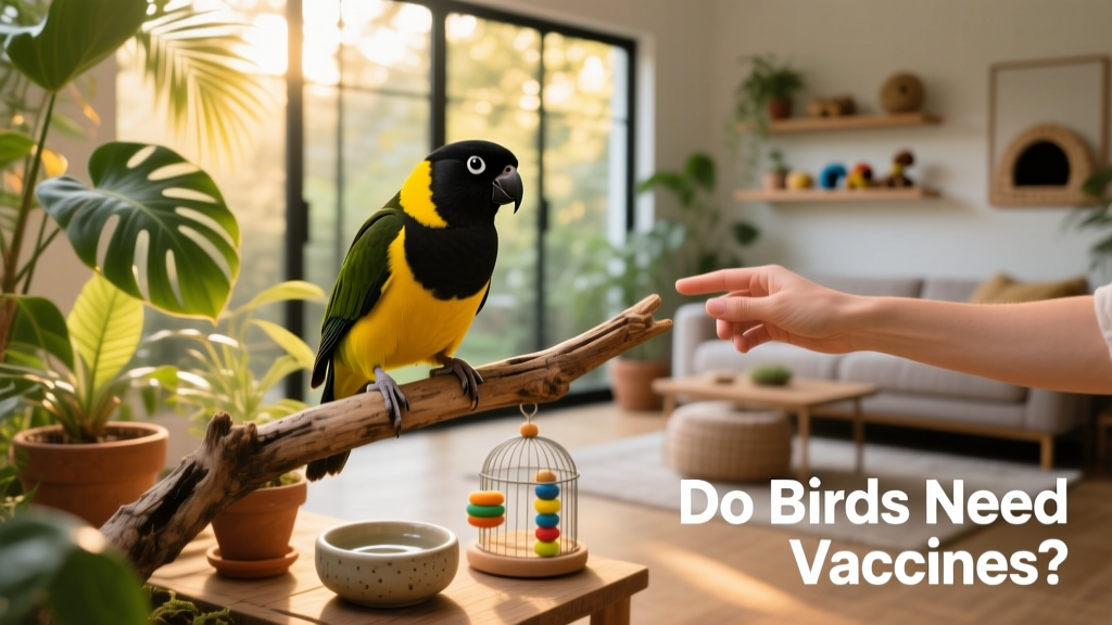 Black-headed caique perched calmly on a branch, illustrating a healthy, low-risk pet bird environment