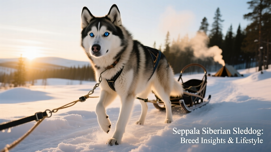 Seppala Siberian Sleddog with blue eyes waiting to be harnessed for dog sled races