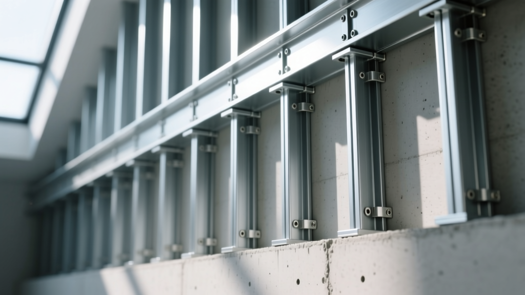 Close-up of load-bearing light gauge steel wall with structural C-studs, top tracks, and metal hold-down connectors on concrete