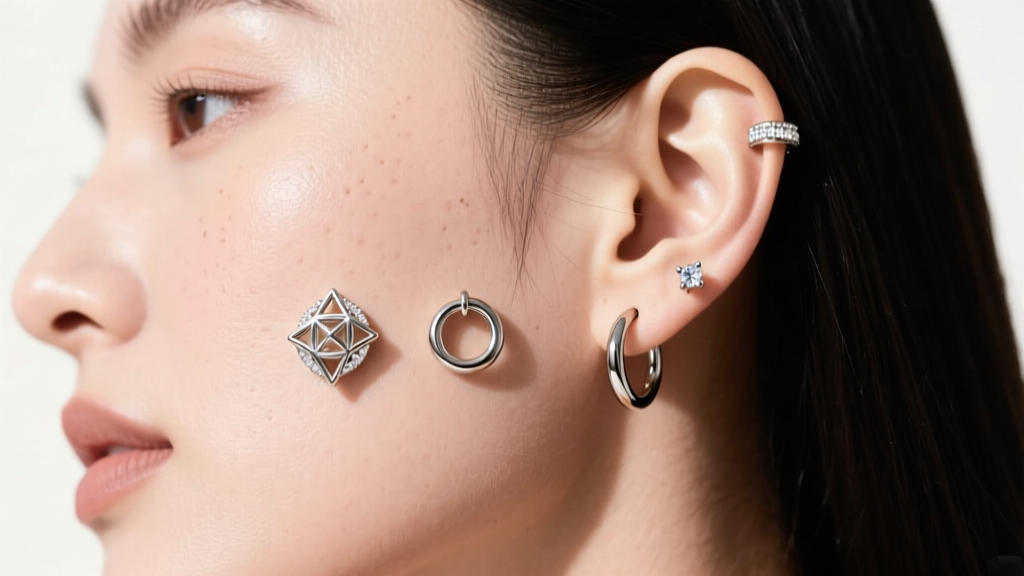 Side profile portrait showcasing a balanced 3 hole earring set with a large lobe stud, medium helix hoop, and a tiny tragus gem