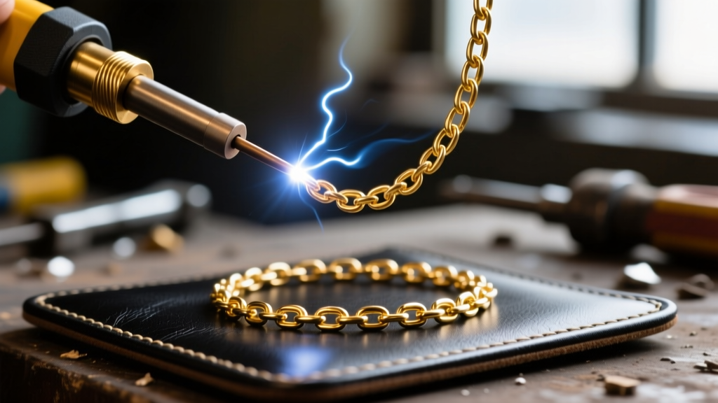Close-up of a beginner pulse arc welder electrode touching a delicate 14k gold-filled cable chain on a dark leather welding pad.