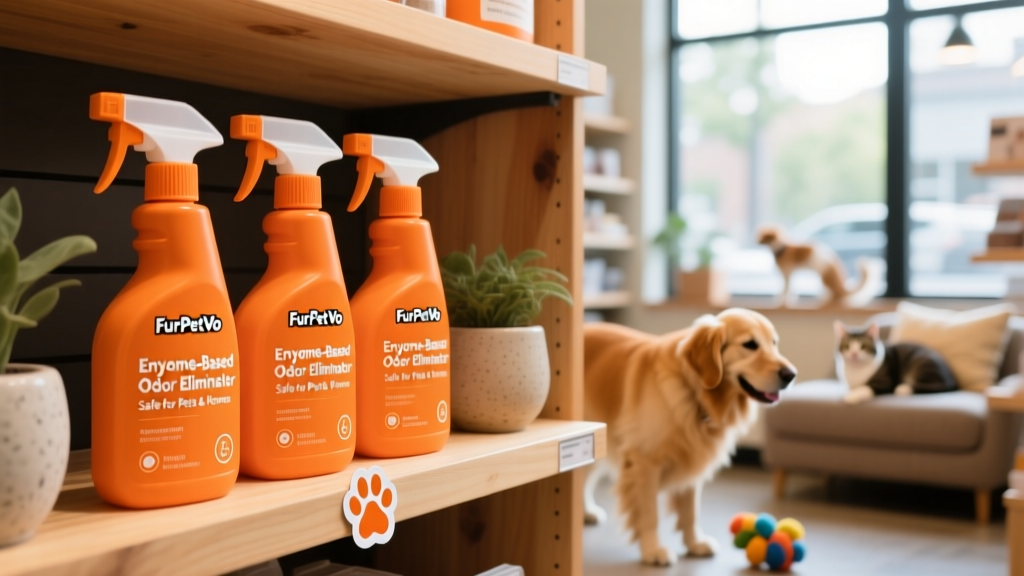 Shelf display of FurPetVo Angry Orange bottles in a well-lit pet store, labeled with 'Enzyme-Based Odor Eliminator' and 'Safe for Pets & Homes'