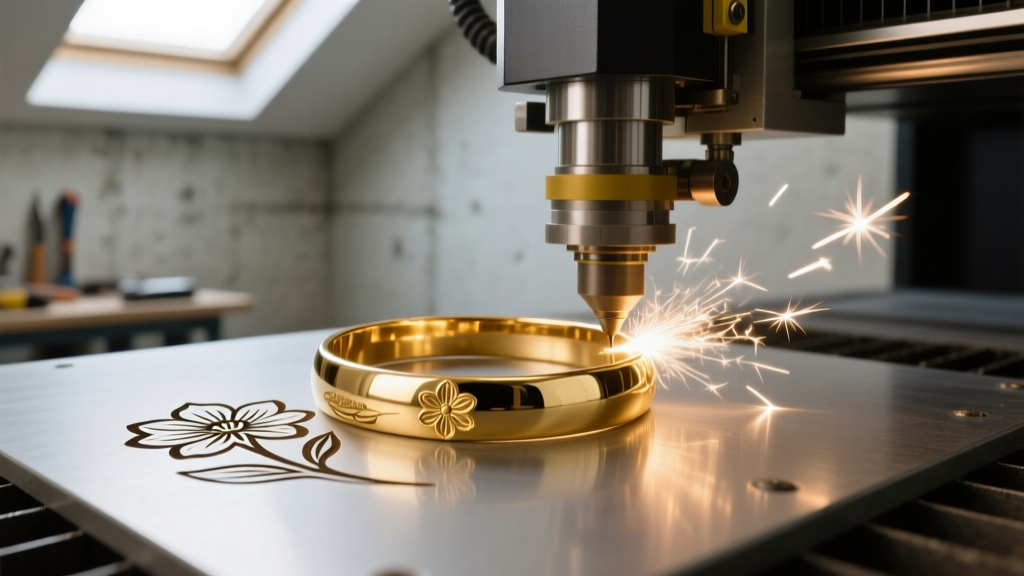 A fiber laser engraving machine actively etching a delicate floral logo onto a 14k gold-filled bangle bracelet in a dim workshop