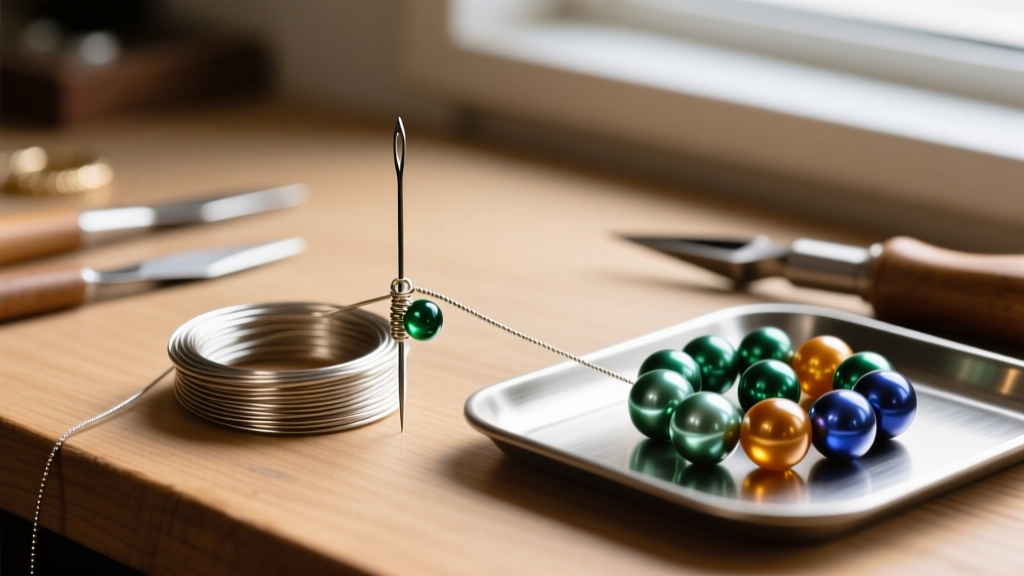 Jewelry workbench showing 0.018-inch beading wire, French wire gimp, and heavy 10mm vintage glass pearls being restrung.