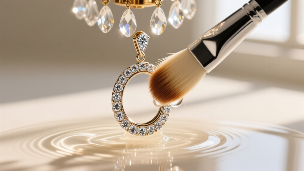 Macro shot of a soft brush gently scrubbing the pave diamond gallery of a dangling chandelier earring in warm soapy water