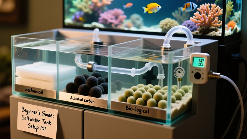 Close-up of a saltwater aquarium sump system with labeled compartments for mechanical, chemical, and biological filtration