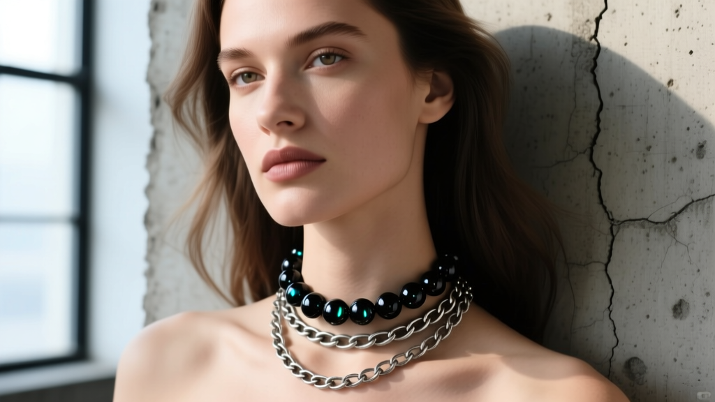 Model wearing a 16-inch choker of 10mm dark tourmaline beads layered with an oxidized silver chain against a concrete wall.