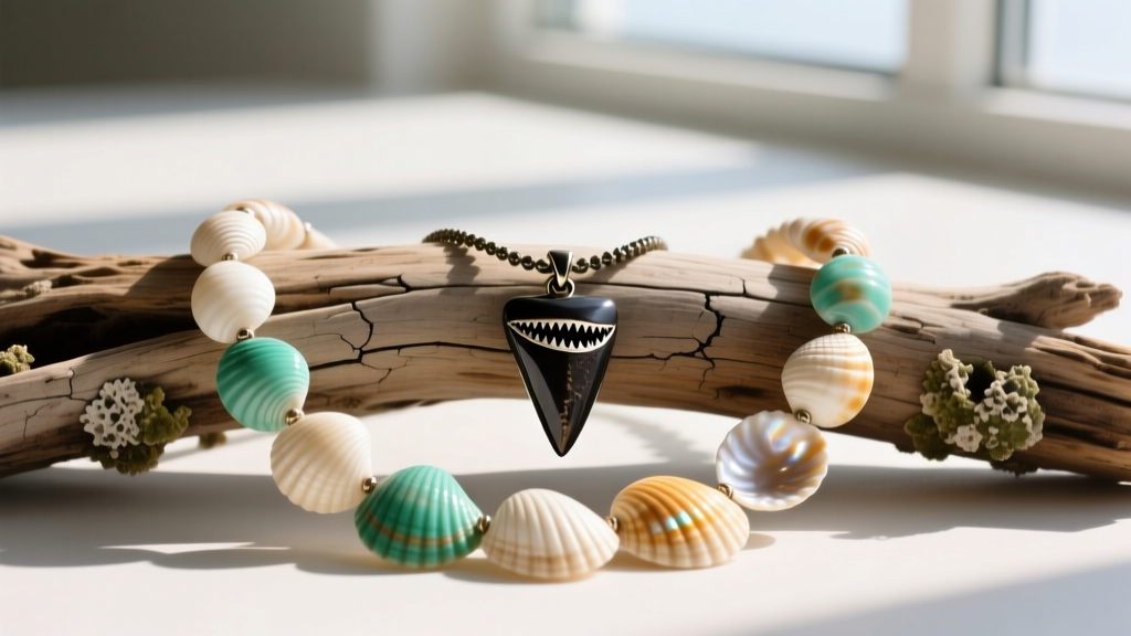 Flat lay of a genuine puka shell necklace with a dark fossilized megalodon shark tooth pendant on weathered driftwood