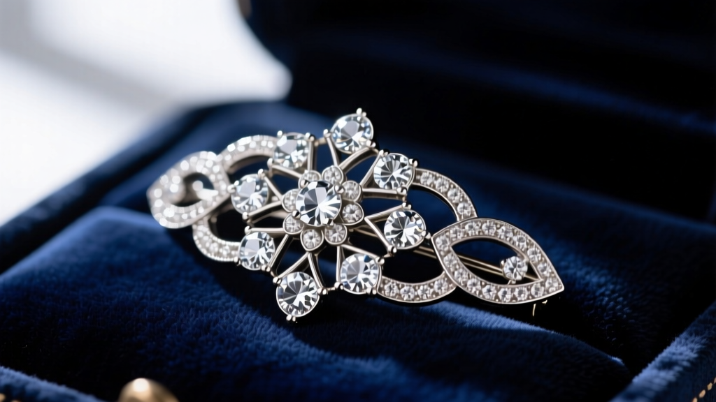 Close-up of an Edwardian platinum and diamond millegrain brooch resting on dark velvet under bright jeweler's loupe lighting.