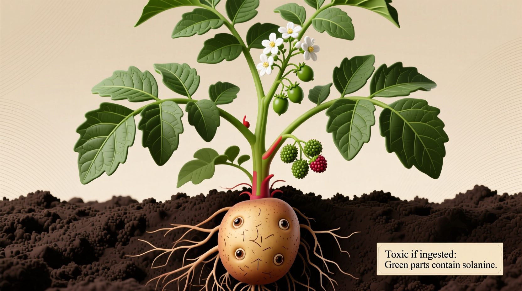 Potato plant showing edible tuber and toxic green parts