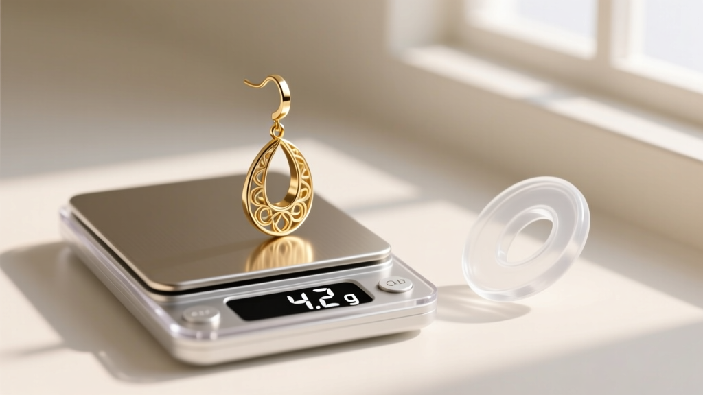 Gold vermeil drop earring resting on a digital jewelry scale showing 4.2 grams, with a clear silicone ear support disc beside it.