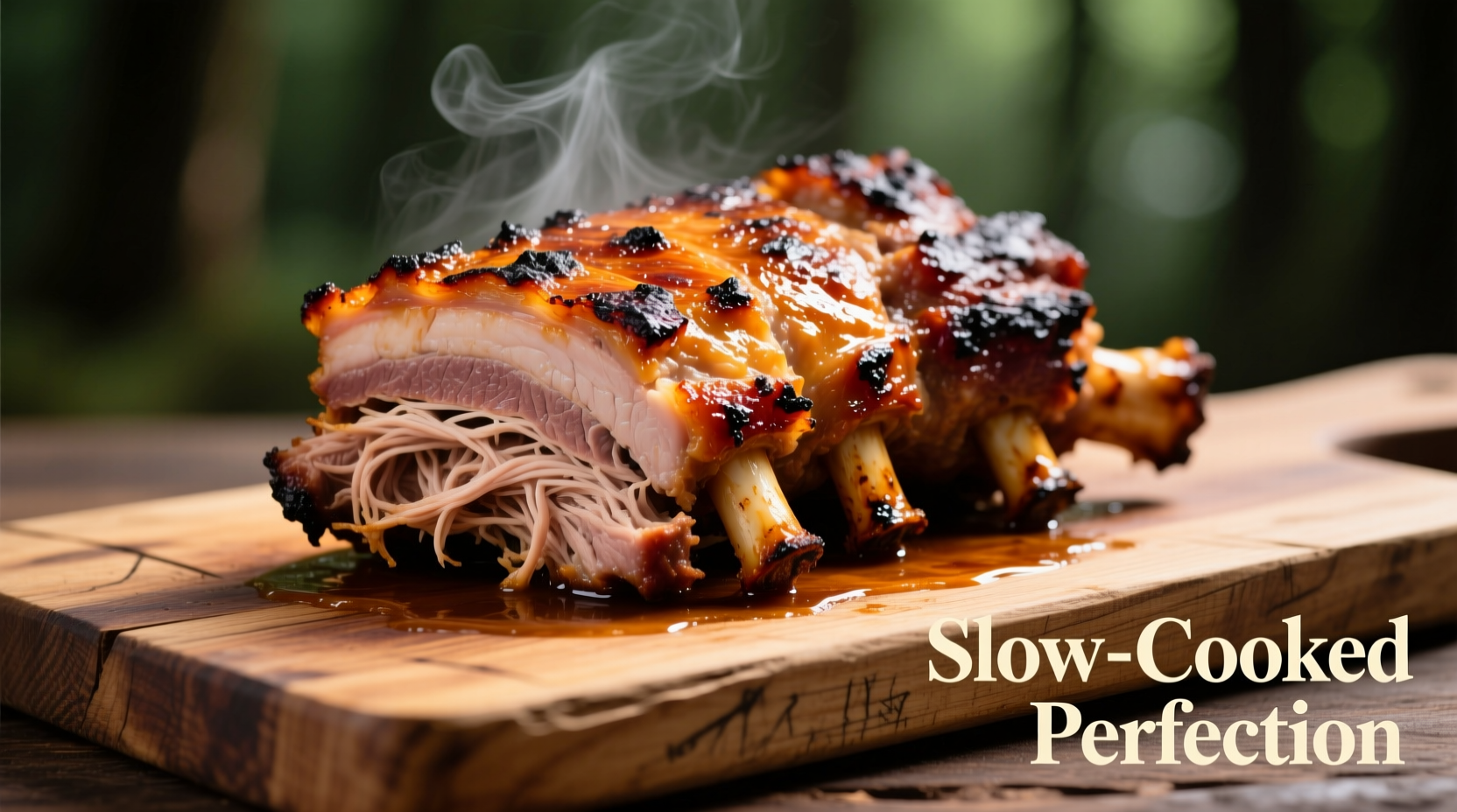 Perfectly cooked pulled pork shoulder on wooden board