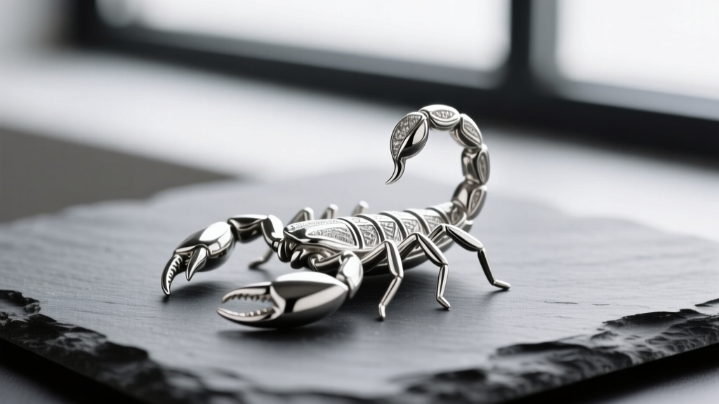 Close-up of an Elsa Peretti silver scorpion pendant on slate, showing hand-finished metal textures and the detailed stinger tip.