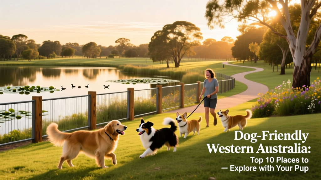 A spacious, fenced dog park in Western Australia with lakes and shaded walking paths in the background