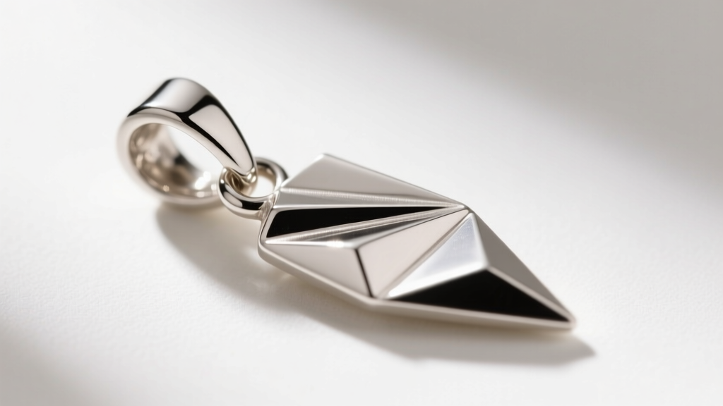 Macro shot of a 925 sterling silver japor snippet pendant, showcasing polished geometric grooves and a sturdy soldered bail loop.