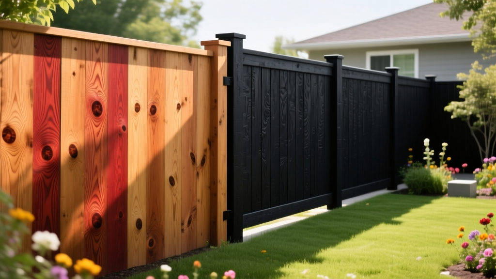 Western red cedar fence boards with tight knots next to a dark-stained black locust privacy fence in a bright, sunny landscaped backyard.