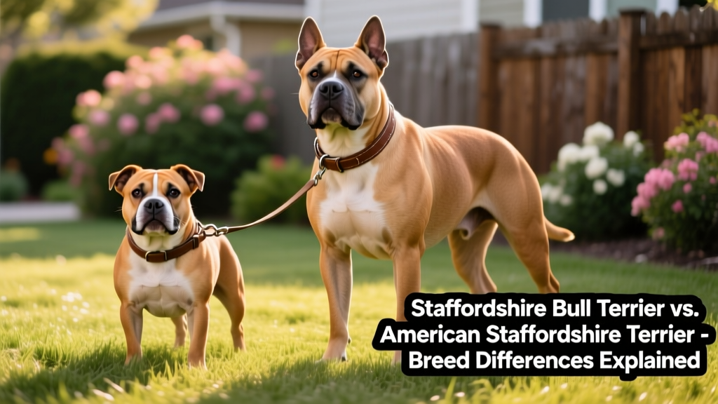 Side-by-side comparison of a compact Staffordshire Bull Terrier and a larger American Staffordshire Terrier standing on grass